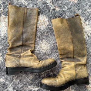 Vintage Ann Demeulemeester knee high thick leather gray-yellow heeled boots 8.5